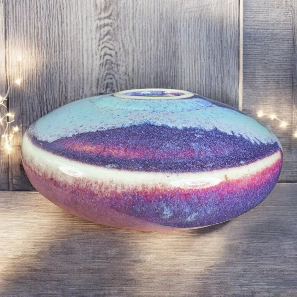 Vintage Hand Made Studio Art Pottery‎ Flat Vase Vessel Multicolor Glaze Vase VTG